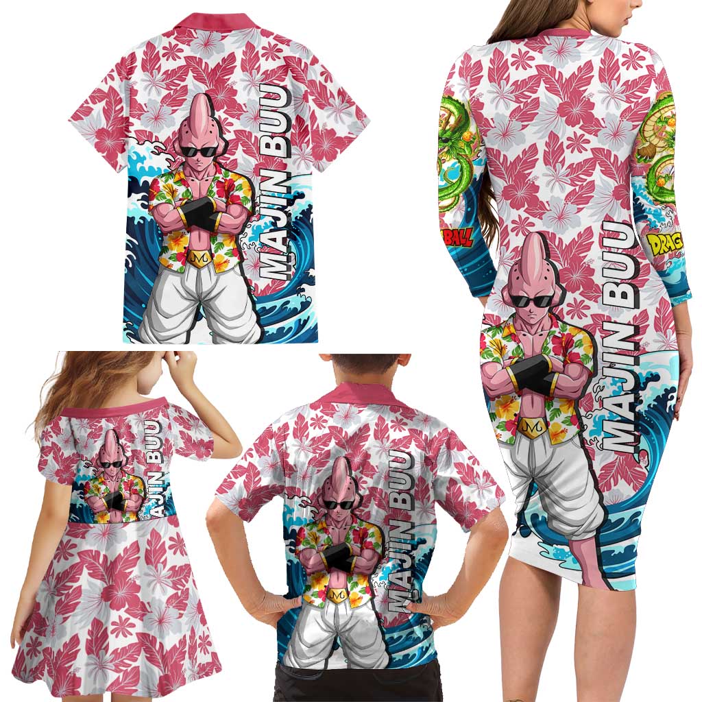 Majin Buu Dragon Ball Summer Theme Family Matching Long Sleeve Bodycon Dress and Hawaiian Shirt with Floral Shirt Sunglasses Shenron and Ocean Wave Background