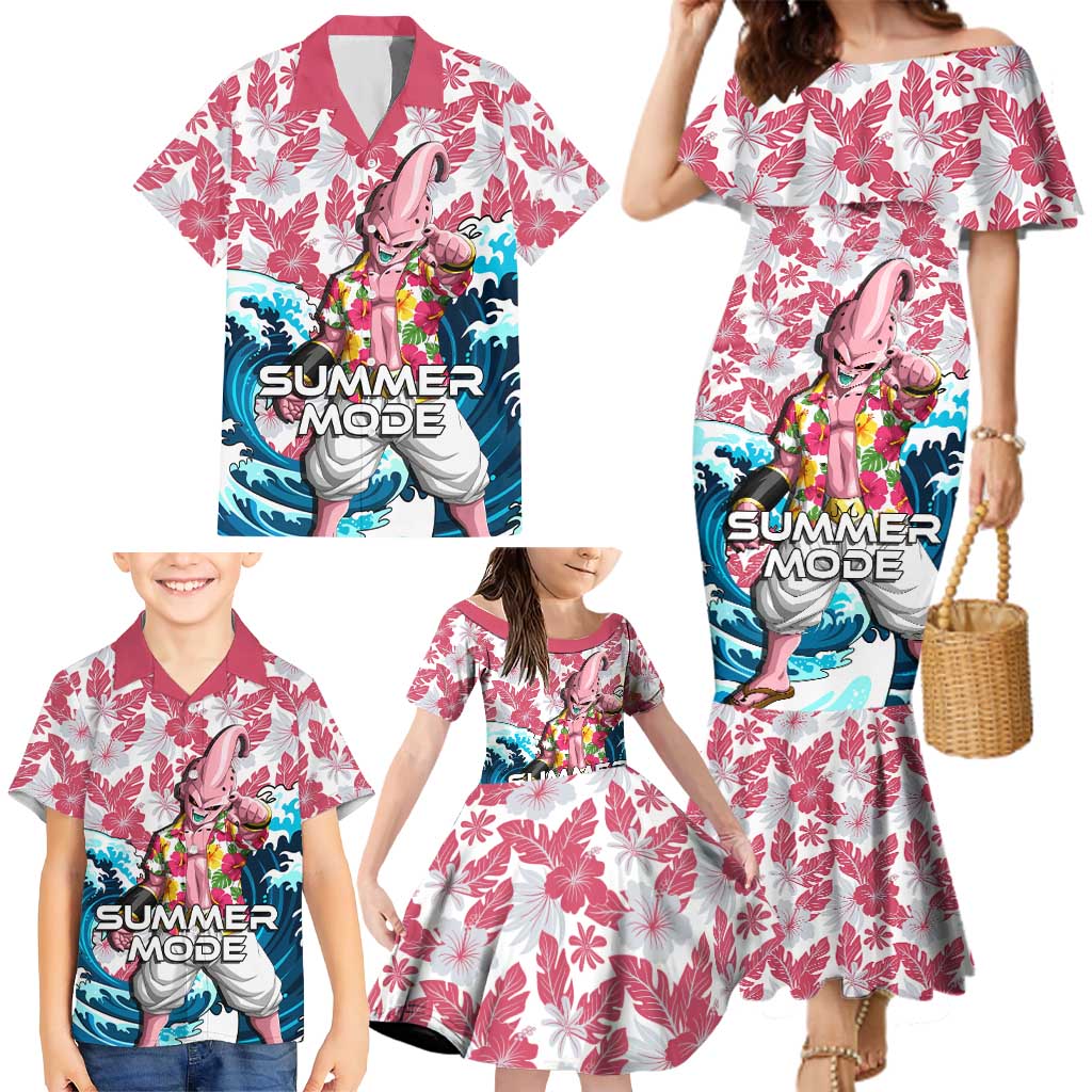 Majin Buu Dragon Ball Summer Theme Family Matching Mermaid Dress and Hawaiian Shirt with Floral Shirt Sunglasses Shenron and Ocean Wave Background