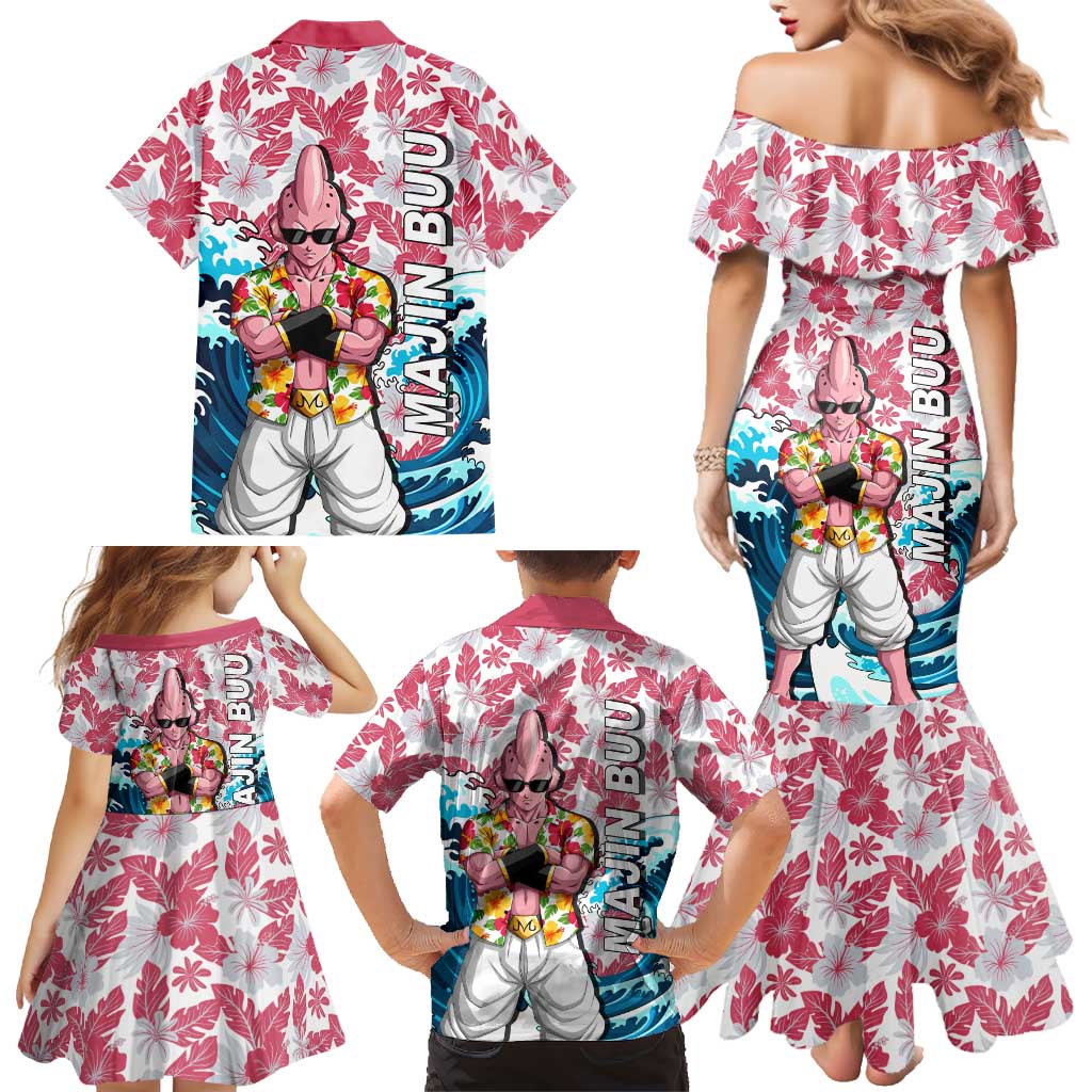 Majin Buu Dragon Ball Summer Theme Family Matching Mermaid Dress and Hawaiian Shirt with Floral Shirt Sunglasses Shenron and Ocean Wave Background