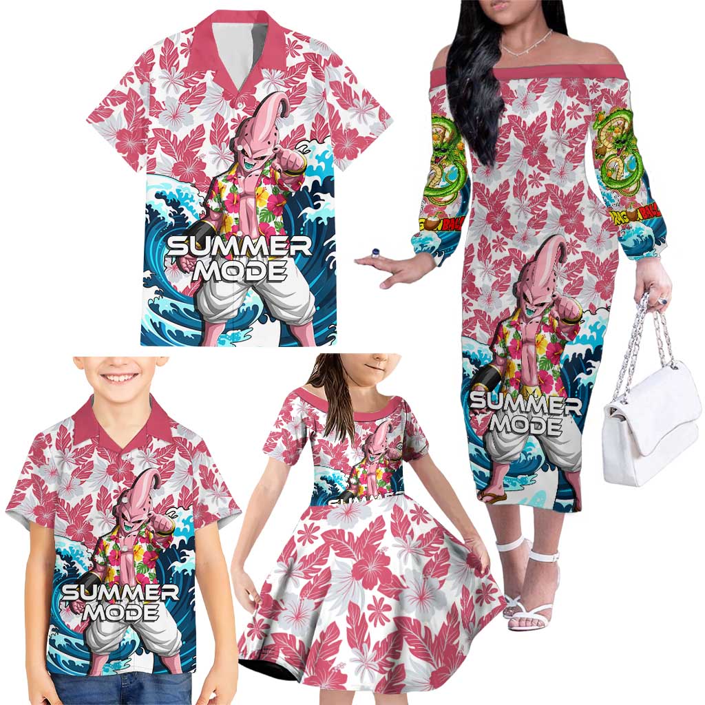 Majin Buu Dragon Ball Summer Theme Family Matching Off The Shoulder Long Sleeve Dress and Hawaiian Shirt with Floral Shirt Sunglasses Shenron and Ocean Wave Background