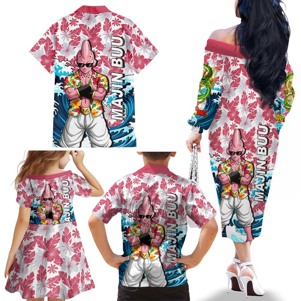 Majin Buu Dragon Ball Summer Theme Family Matching Off The Shoulder Long Sleeve Dress and Hawaiian Shirt with Floral Shirt Sunglasses Shenron and Ocean Wave Background
