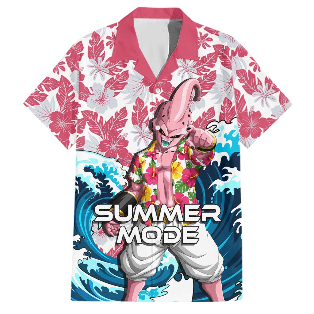 Majin Buu Dragon Ball Summer Theme Family Matching Off The Shoulder Long Sleeve Dress and Hawaiian Shirt with Floral Shirt Sunglasses Shenron and Ocean Wave Background