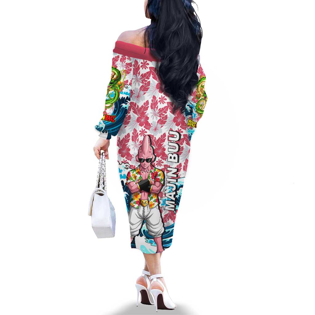 Majin Buu Dragon Ball Summer Theme Family Matching Off The Shoulder Long Sleeve Dress and Hawaiian Shirt with Floral Shirt Sunglasses Shenron and Ocean Wave Background