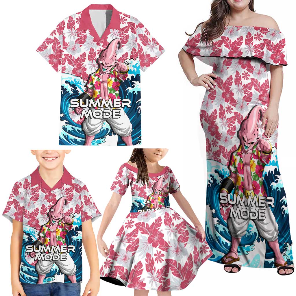 Majin Buu Dragon Ball Summer Theme Family Matching Off Shoulder Maxi Dress and Hawaiian Shirt with Floral Shirt Sunglasses Shenron and Ocean Wave Background
