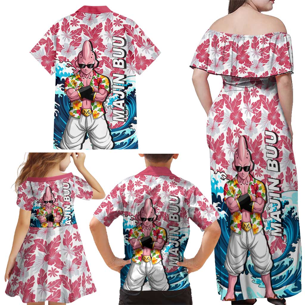 Majin Buu Dragon Ball Summer Theme Family Matching Off Shoulder Maxi Dress and Hawaiian Shirt with Floral Shirt Sunglasses Shenron and Ocean Wave Background