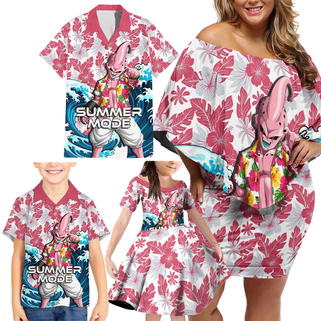 Majin Buu Dragon Ball Summer Theme Family Matching Off Shoulder Short Dress and Hawaiian Shirt with Floral Shirt Sunglasses Shenron and Ocean Wave Background