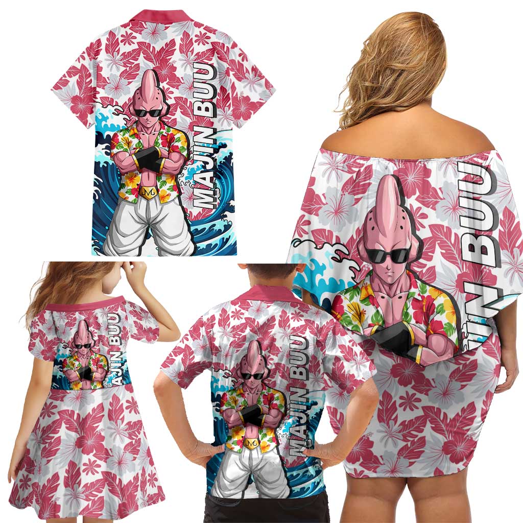 Majin Buu Dragon Ball Summer Theme Family Matching Off Shoulder Short Dress and Hawaiian Shirt with Floral Shirt Sunglasses Shenron and Ocean Wave Background