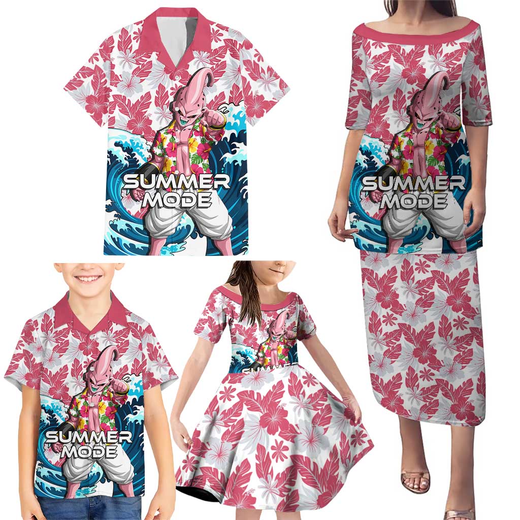 Majin Buu Dragon Ball Summer Theme Family Matching Puletasi and Hawaiian Shirt with Floral Shirt Sunglasses Shenron and Ocean Wave Background