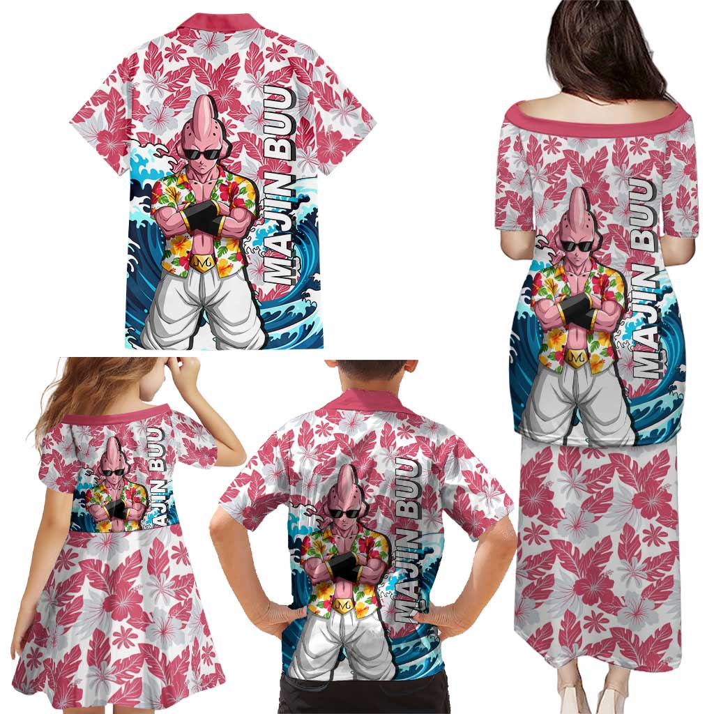 Majin Buu Dragon Ball Summer Theme Family Matching Puletasi and Hawaiian Shirt with Floral Shirt Sunglasses Shenron and Ocean Wave Background
