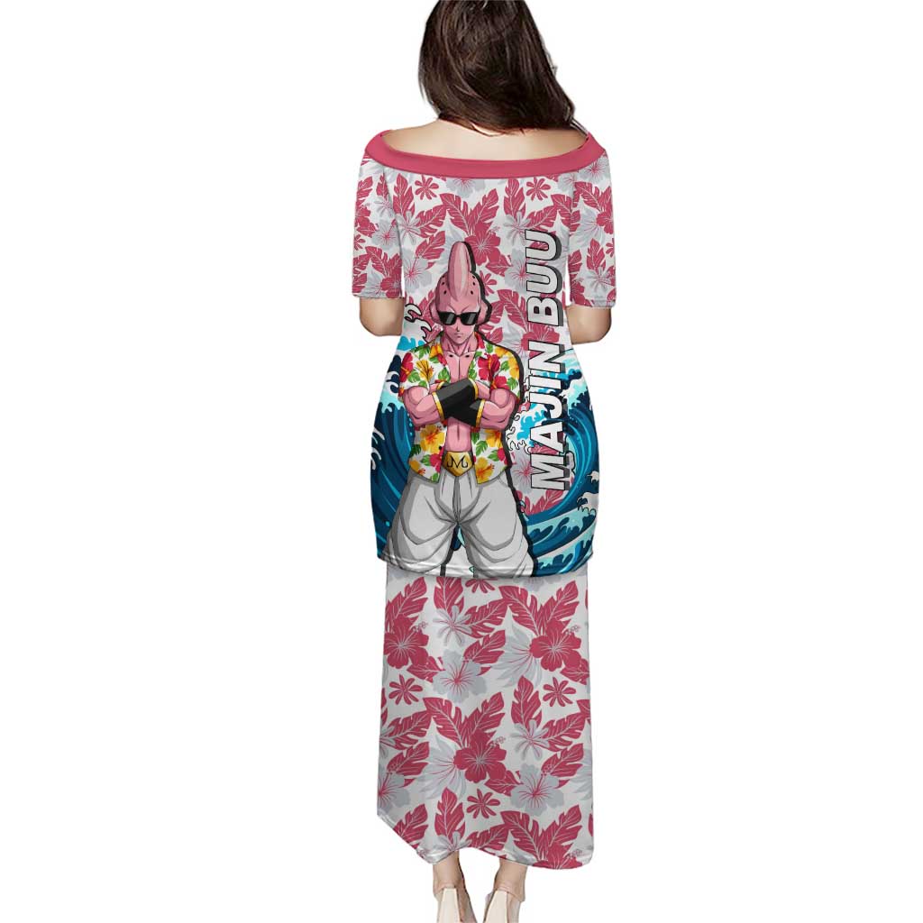 Majin Buu Dragon Ball Summer Theme Family Matching Puletasi and Hawaiian Shirt with Floral Shirt Sunglasses Shenron and Ocean Wave Background