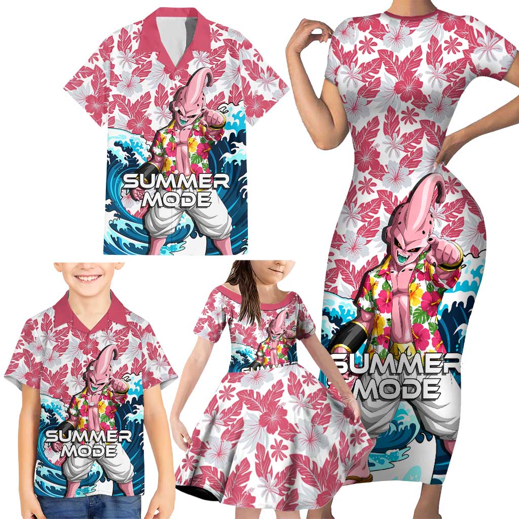 Majin Buu Dragon Ball Summer Theme Family Matching Short Sleeve Bodycon Dress and Hawaiian Shirt with Floral Shirt Sunglasses Shenron and Ocean Wave Background