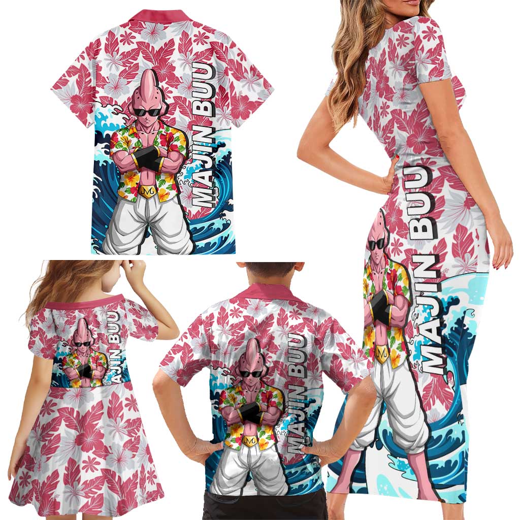 Majin Buu Dragon Ball Summer Theme Family Matching Short Sleeve Bodycon Dress and Hawaiian Shirt with Floral Shirt Sunglasses Shenron and Ocean Wave Background