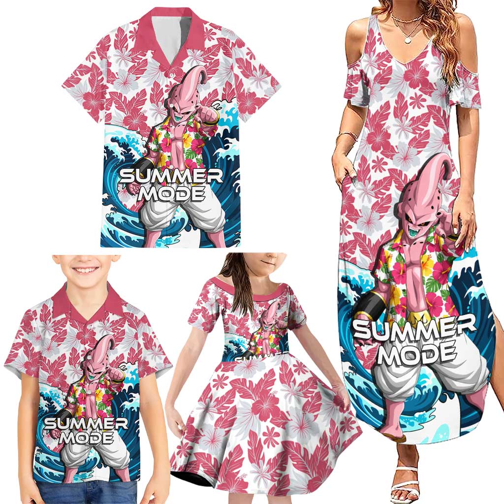 Majin Buu Dragon Ball Summer Theme Family Matching Summer Maxi Dress and Hawaiian Shirt with Floral Shirt Sunglasses Shenron and Ocean Wave Background