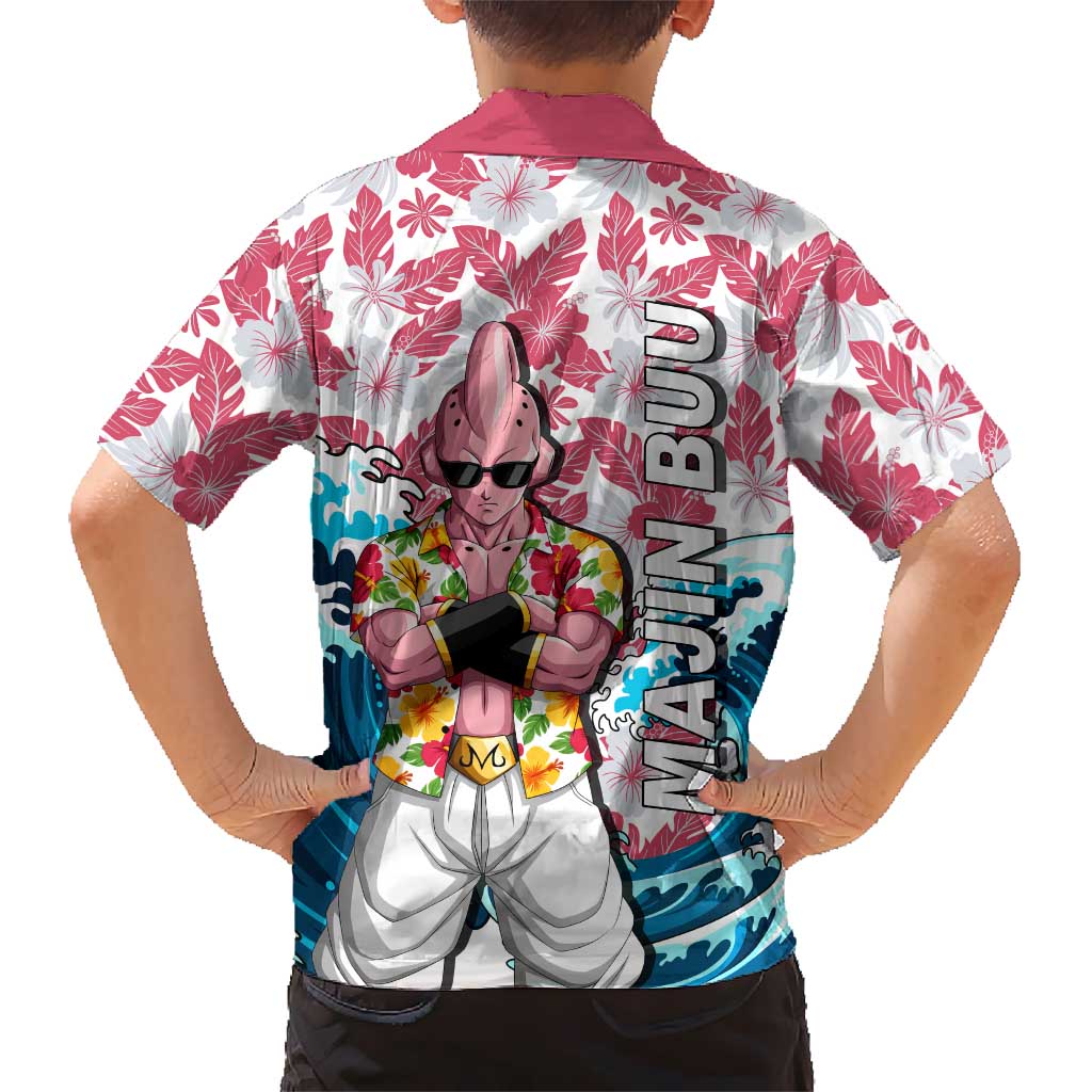 Majin Buu Dragon Ball Summer Theme Family Matching Summer Maxi Dress and Hawaiian Shirt with Floral Shirt Sunglasses Shenron and Ocean Wave Background