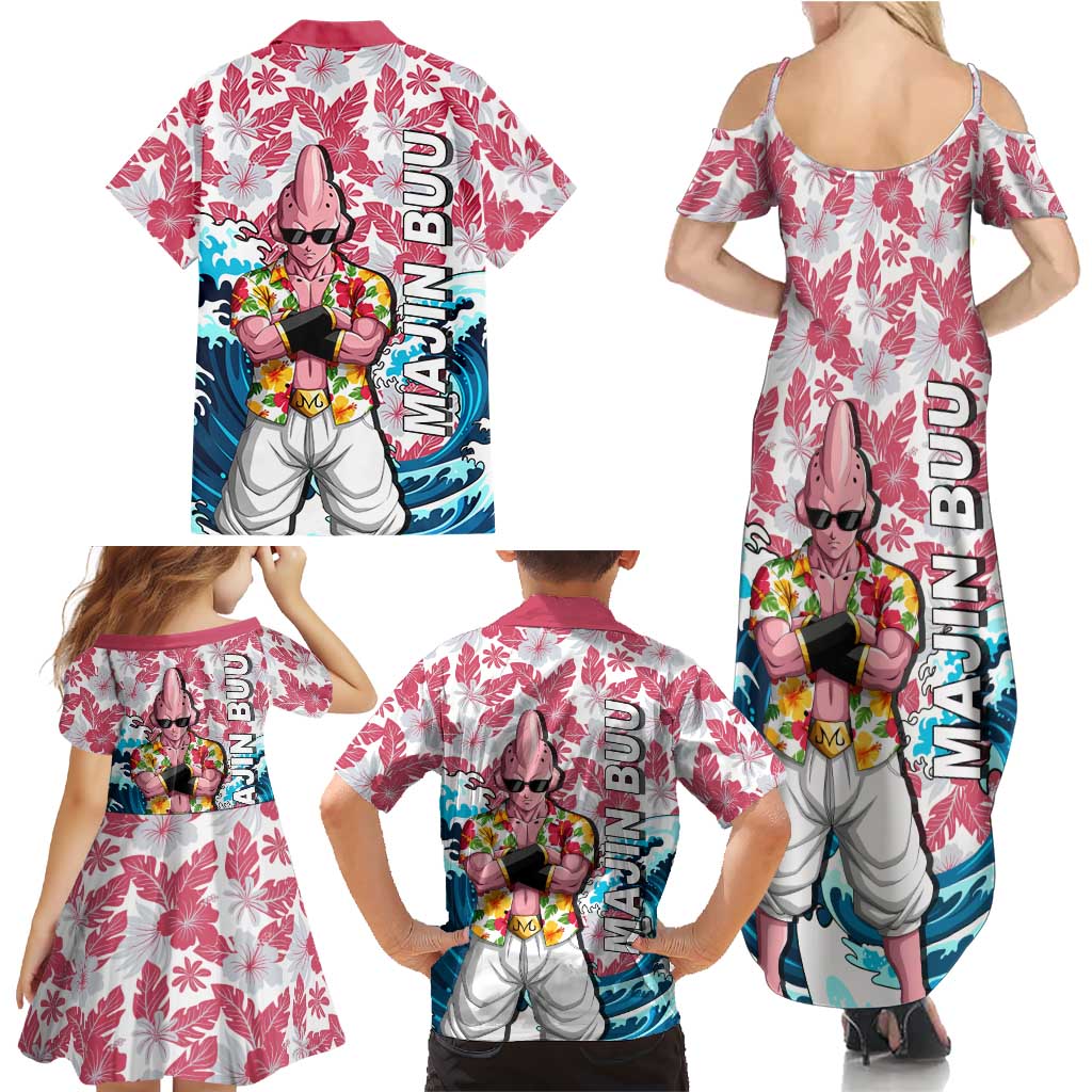 Majin Buu Dragon Ball Summer Theme Family Matching Summer Maxi Dress and Hawaiian Shirt with Floral Shirt Sunglasses Shenron and Ocean Wave Background