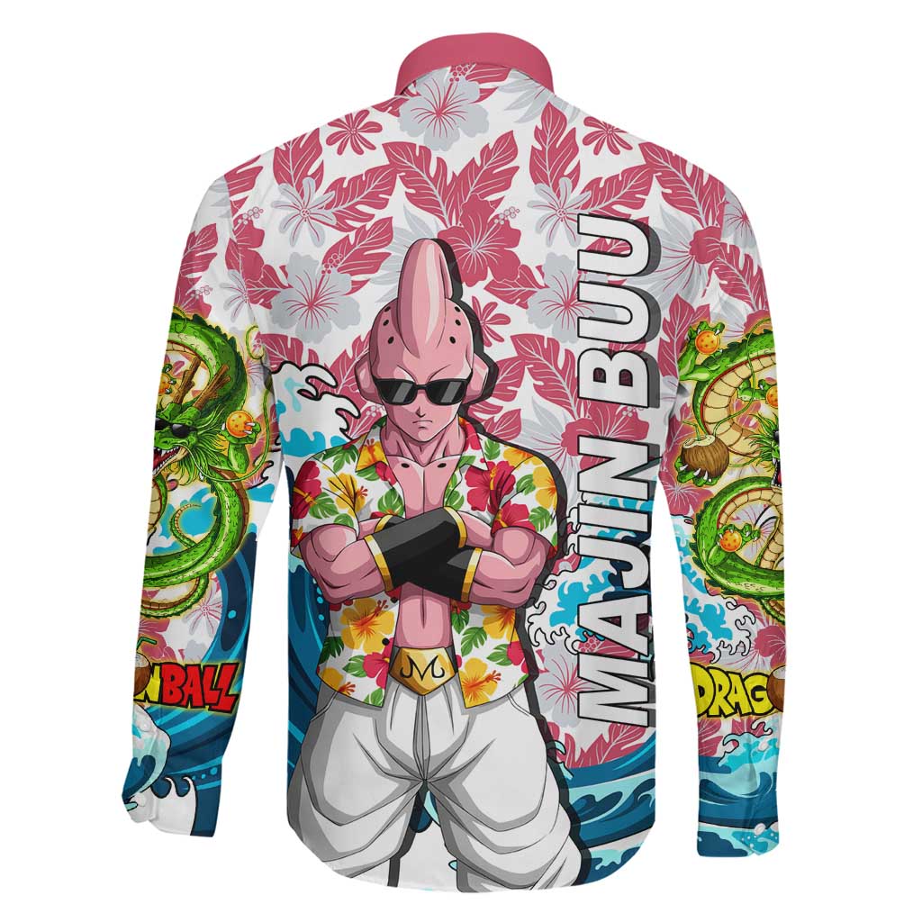 Majin Buu Dragon Ball Summer Theme Family Matching Summer Maxi Dress and Hawaiian Shirt with Floral Shirt Sunglasses Shenron and Ocean Wave Background