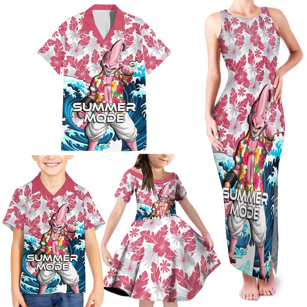 Majin Buu Dragon Ball Summer Theme Family Matching Tank Maxi Dress and Hawaiian Shirt with Floral Shirt Sunglasses Shenron and Ocean Wave Background