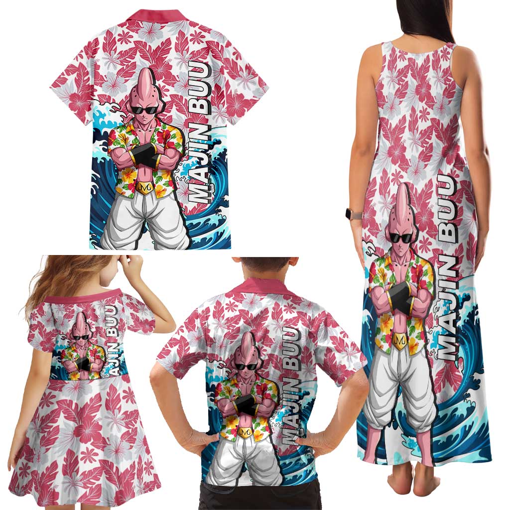 Majin Buu Dragon Ball Summer Theme Family Matching Tank Maxi Dress and Hawaiian Shirt with Floral Shirt Sunglasses Shenron and Ocean Wave Background