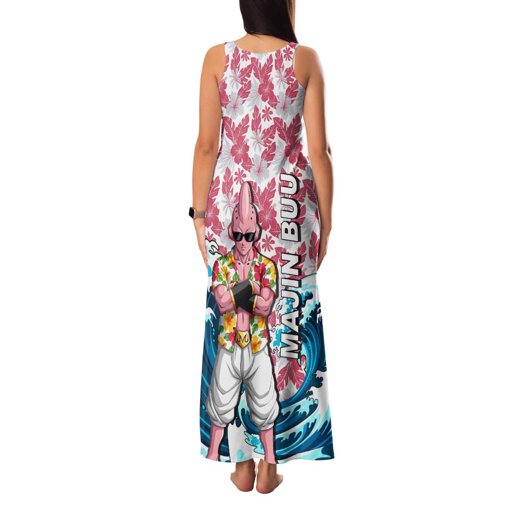 Majin Buu Dragon Ball Summer Theme Family Matching Tank Maxi Dress and Hawaiian Shirt with Floral Shirt Sunglasses Shenron and Ocean Wave Background