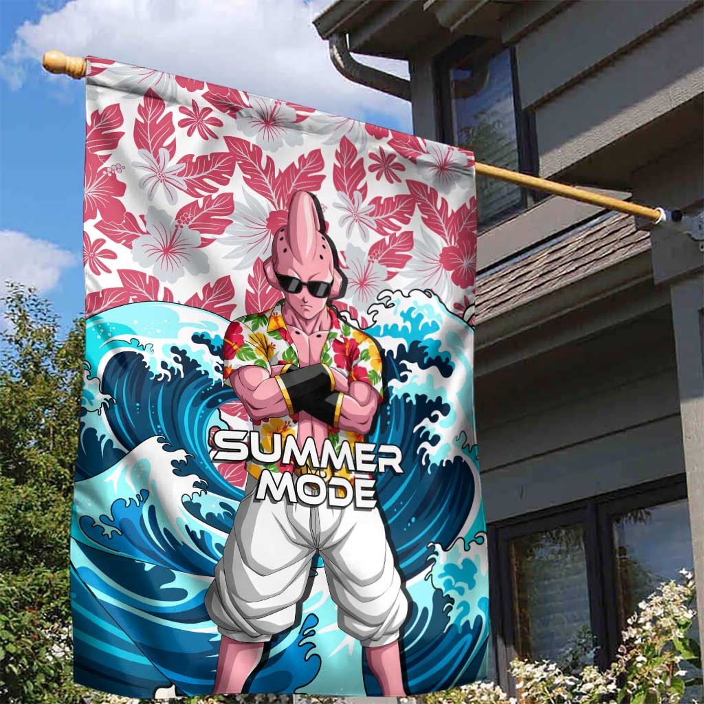 Majin Buu Dragon Ball Summer Theme Garden Flag with Floral Shirt Sunglasses Shenron and Ocean Wave Background - The Mazicc