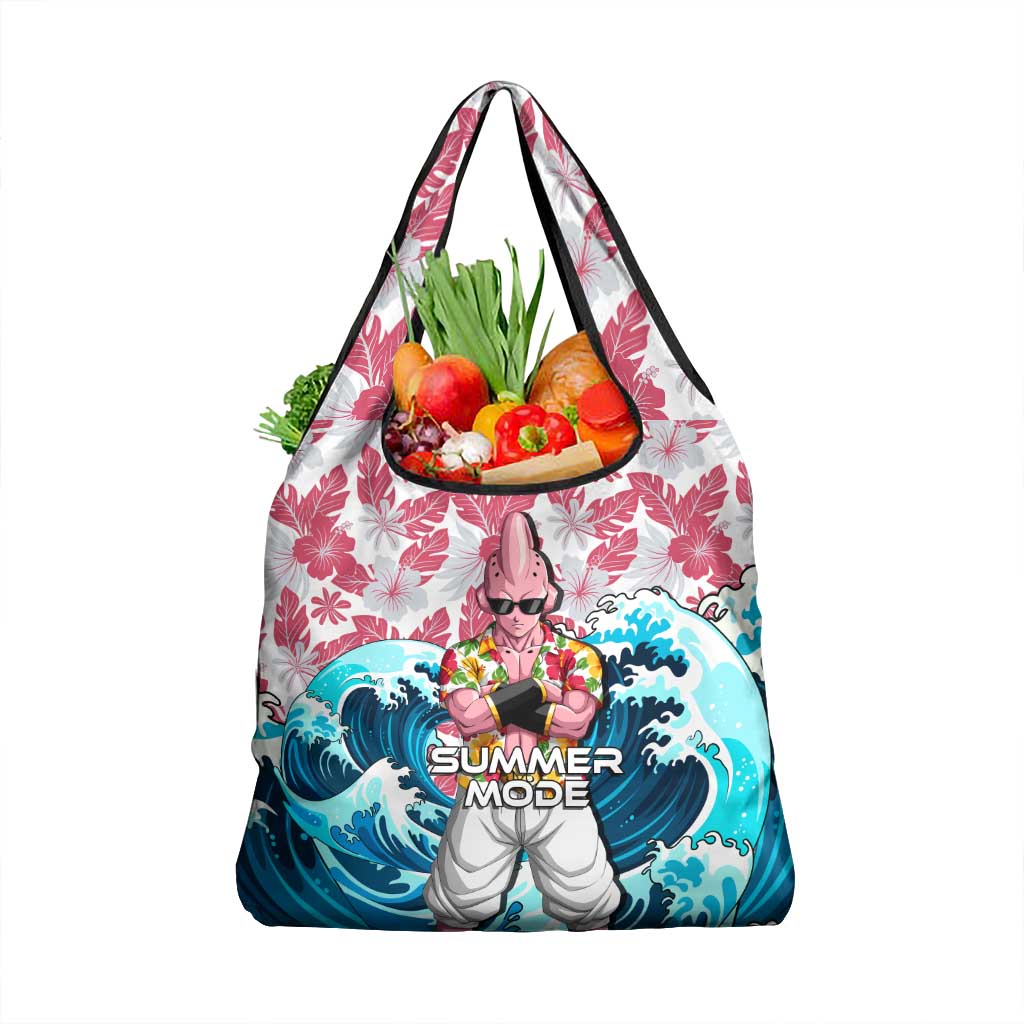 Majin Buu Dragon Ball Summer Theme Grocery Bag with Floral Shirt Sunglasses Shenron and Ocean Wave Background - The Mazicc