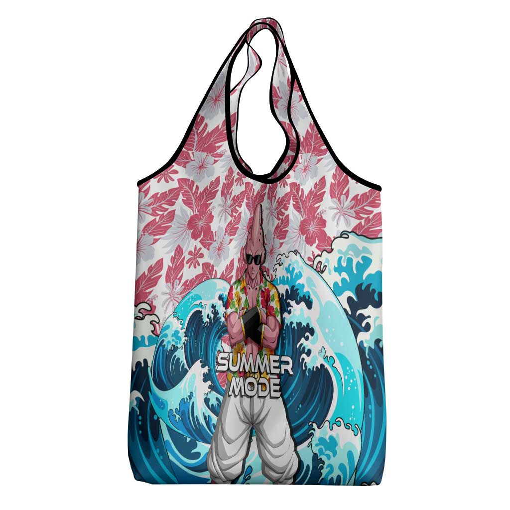Majin Buu Dragon Ball Summer Theme Grocery Bag with Floral Shirt Sunglasses Shenron and Ocean Wave Background - The Mazicc