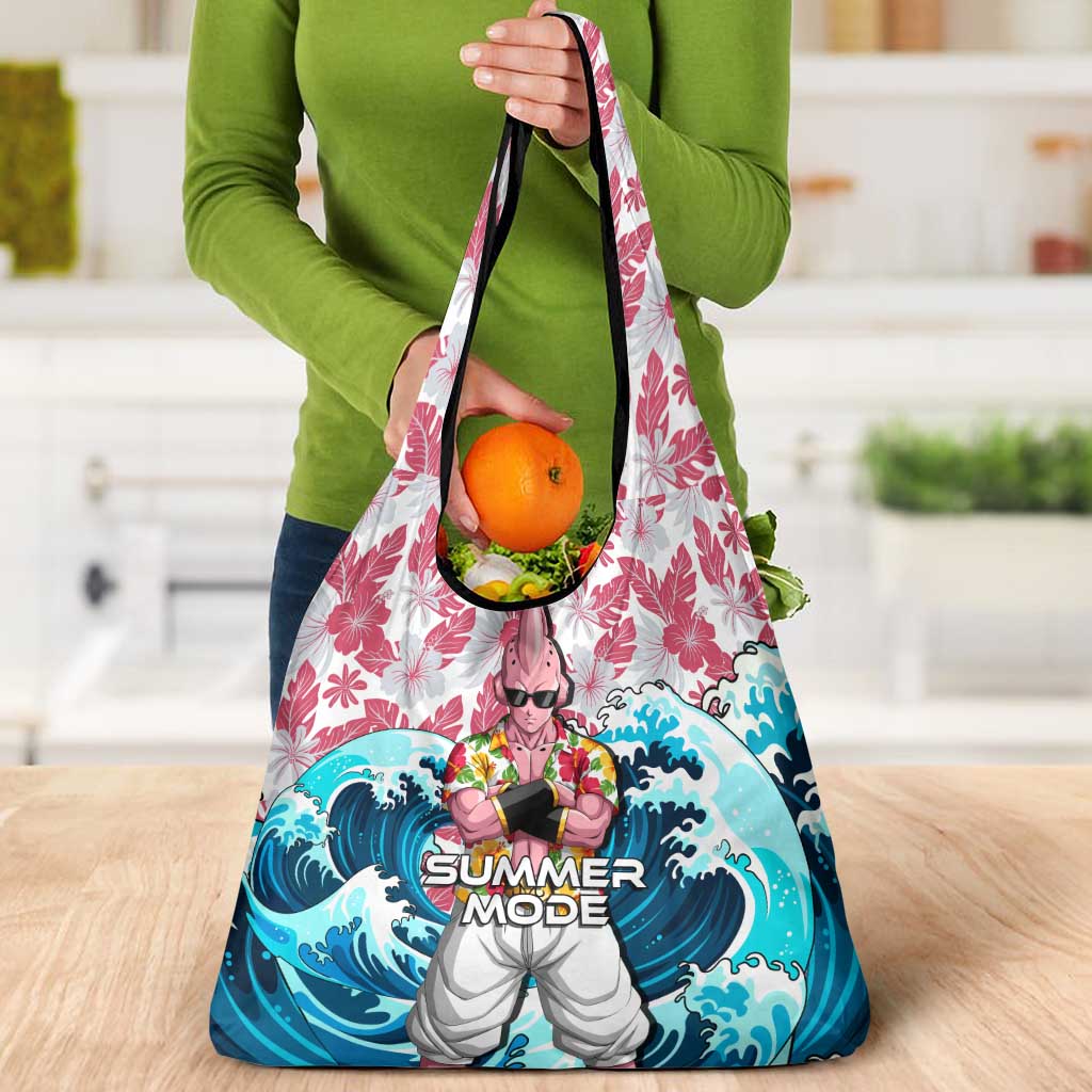 Majin Buu Dragon Ball Summer Theme Grocery Bag with Floral Shirt Sunglasses Shenron and Ocean Wave Background - The Mazicc