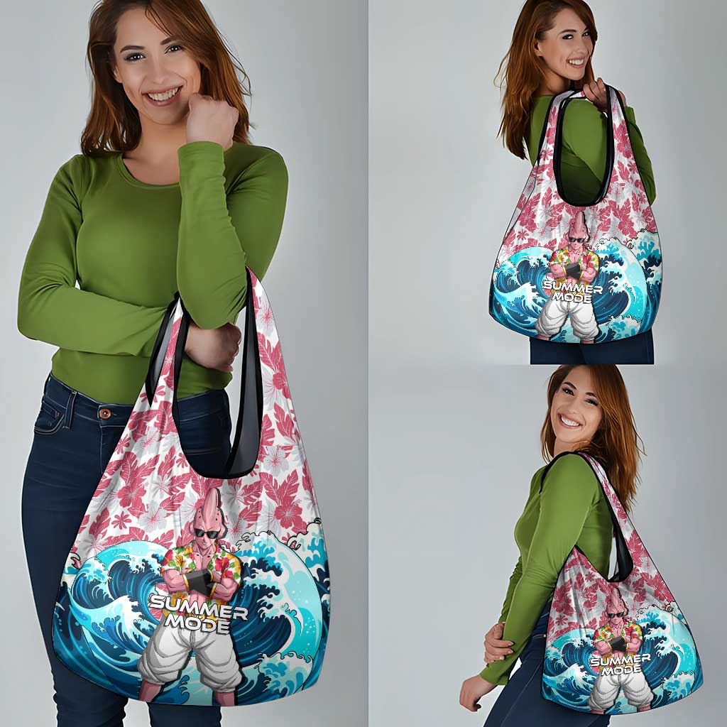 Majin Buu Dragon Ball Summer Theme Grocery Bag with Floral Shirt Sunglasses Shenron and Ocean Wave Background - The Mazicc