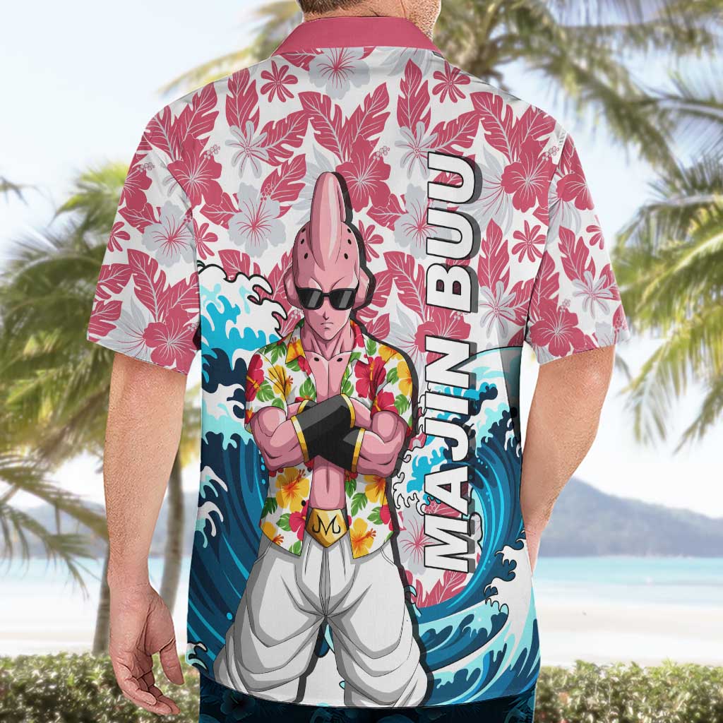 Majin Buu Dragon Ball Summer Theme Hawaiian Shirt with Floral Shirt Sunglasses Shenron and Ocean Wave Background - The Mazicc