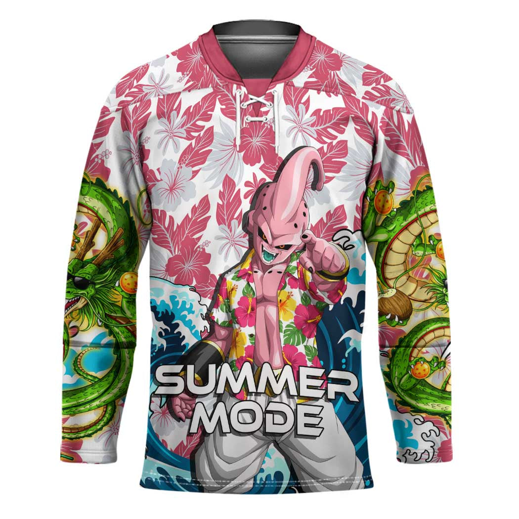 Majin Buu Dragon Ball Summer Theme Hockey Jersey with Floral Shirt Sunglasses Shenron and Ocean Wave Background - The Mazicc