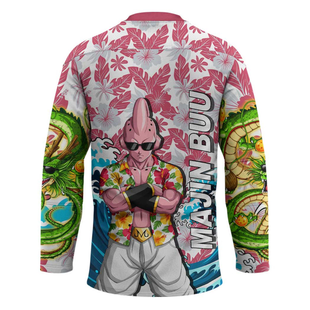Majin Buu Dragon Ball Summer Theme Hockey Jersey with Floral Shirt Sunglasses Shenron and Ocean Wave Background - The Mazicc