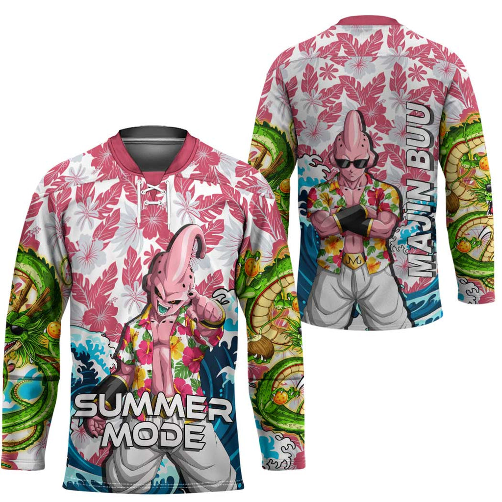 Majin Buu Dragon Ball Summer Theme Hockey Jersey with Floral Shirt Sunglasses Shenron and Ocean Wave Background - The Mazicc