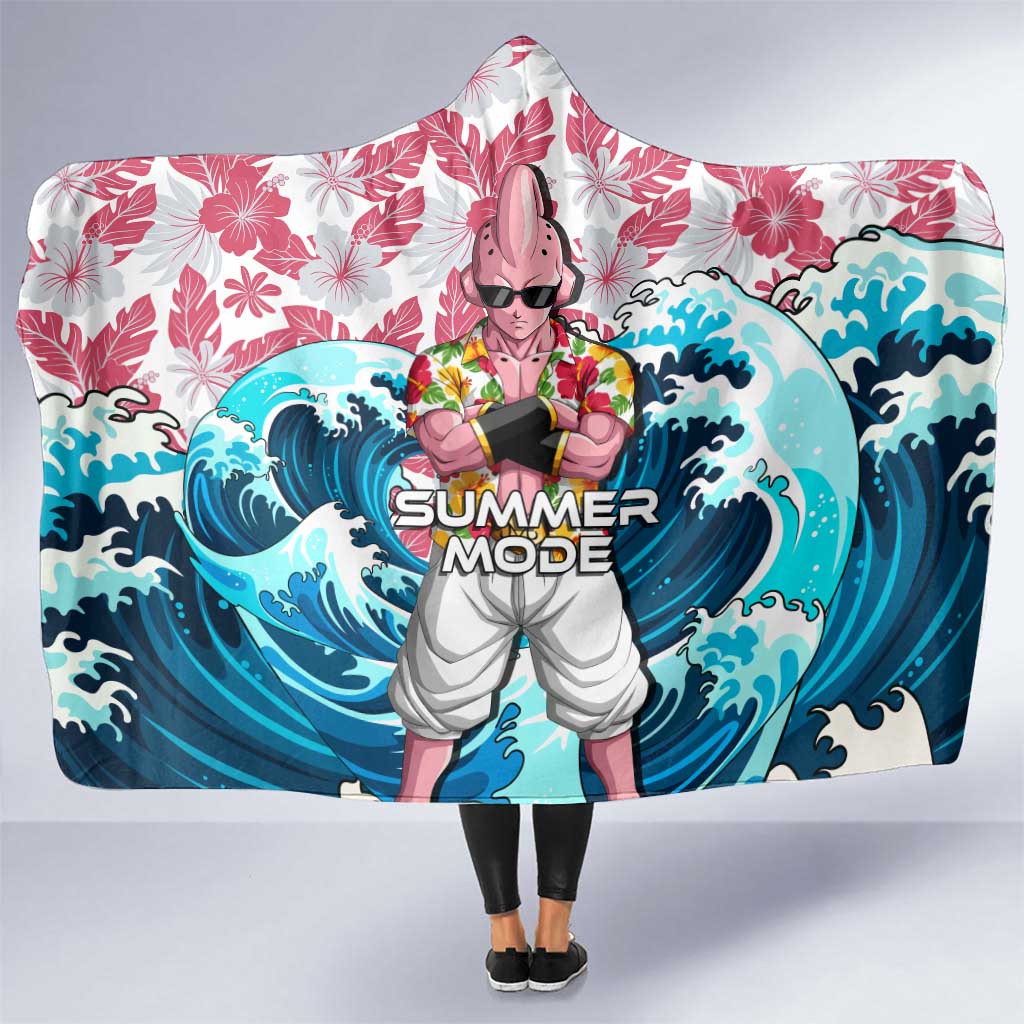 Majin Buu Dragon Ball Summer Theme Hooded Blanket with Floral Shirt Sunglasses Shenron and Ocean Wave Background - The Mazicc
