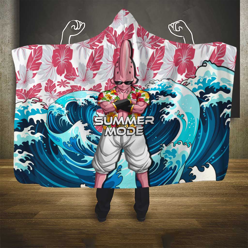 Majin Buu Dragon Ball Summer Theme Hooded Blanket with Floral Shirt Sunglasses Shenron and Ocean Wave Background - The Mazicc