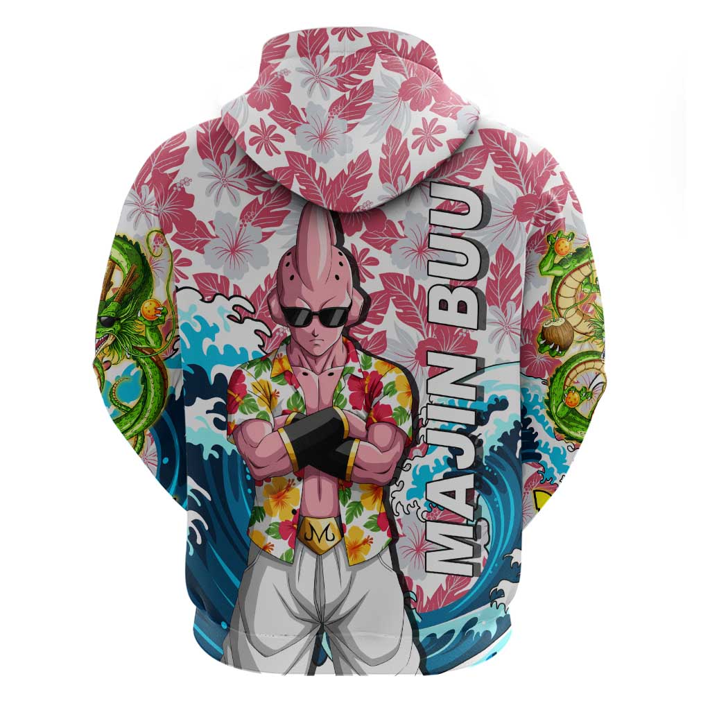 Majin Buu Dragon Ball Summer Theme Hoodie with Floral Shirt Sunglasses Shenron and Ocean Wave Background - The Mazicc