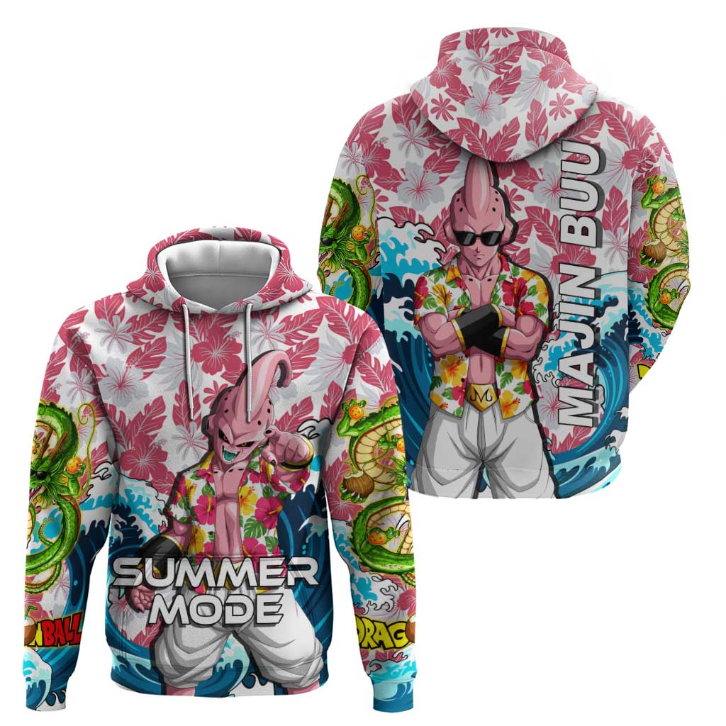 Majin Buu Dragon Ball Summer Theme Hoodie with Floral Shirt Sunglasses Shenron and Ocean Wave Background - The Mazicc