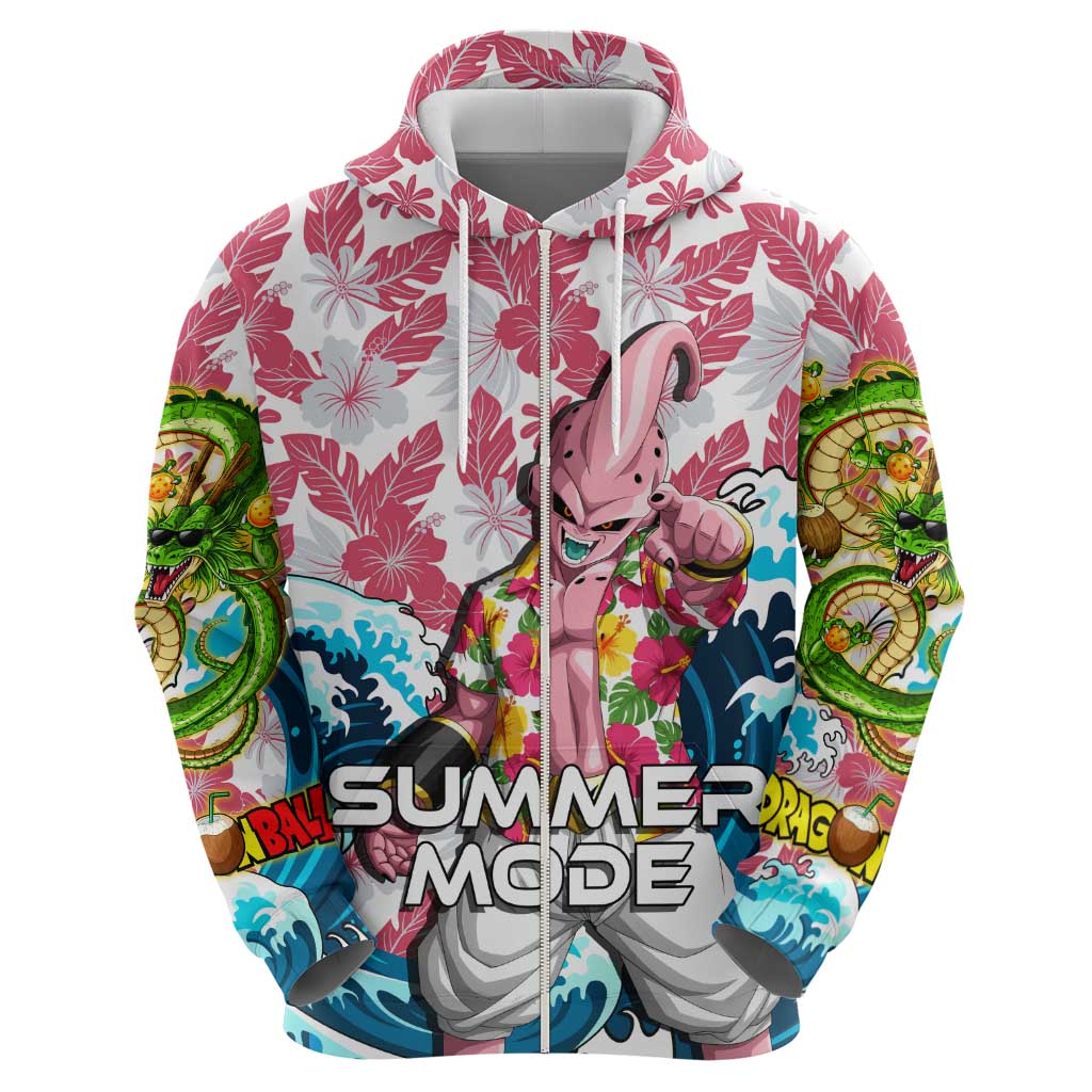 Majin Buu Dragon Ball Summer Theme Hoodie with Floral Shirt Sunglasses Shenron and Ocean Wave Background - The Mazicc