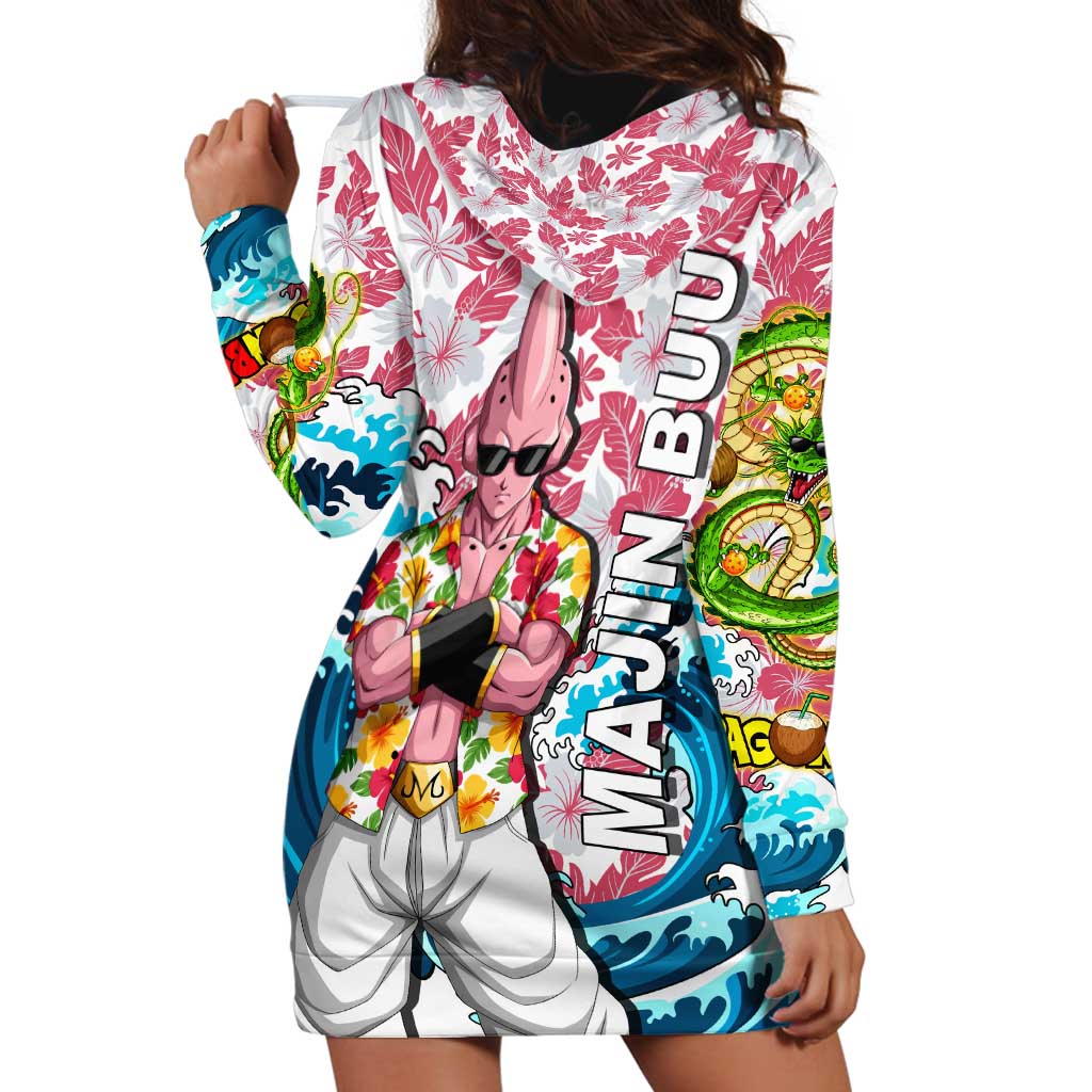 Majin Buu Dragon Ball Summer Theme Hoodie Dress with Floral Shirt Sunglasses Shenron and Ocean Wave Background - The Mazicc