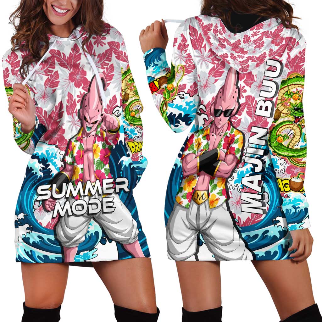 Majin Buu Dragon Ball Summer Theme Hoodie Dress with Floral Shirt Sunglasses Shenron and Ocean Wave Background - The Mazicc