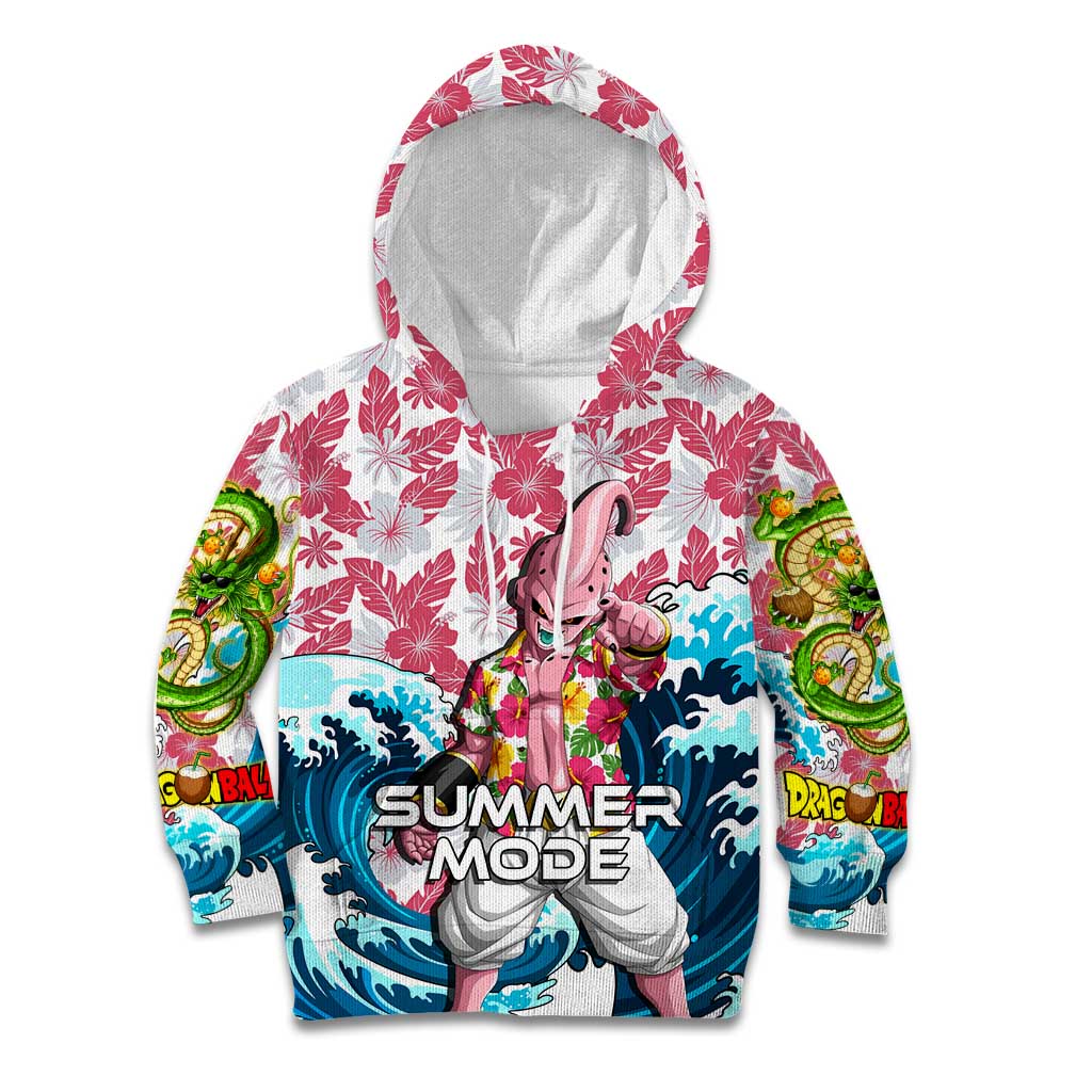 Majin Buu Dragon Ball Summer Theme Kid Hoodie with Floral Shirt Sunglasses Shenron and Ocean Wave Background - The Mazicc