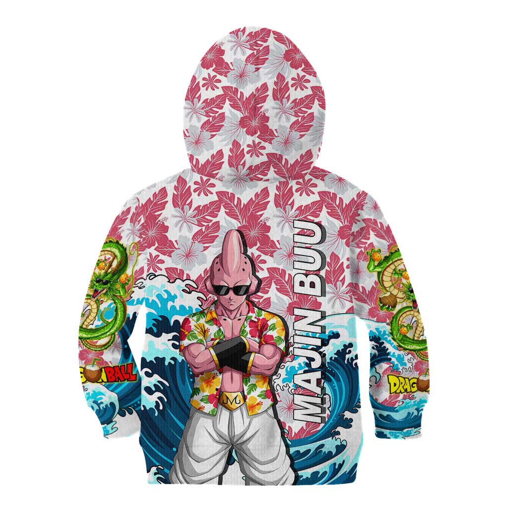 Majin Buu Dragon Ball Summer Theme Kid Hoodie with Floral Shirt Sunglasses Shenron and Ocean Wave Background - The Mazicc