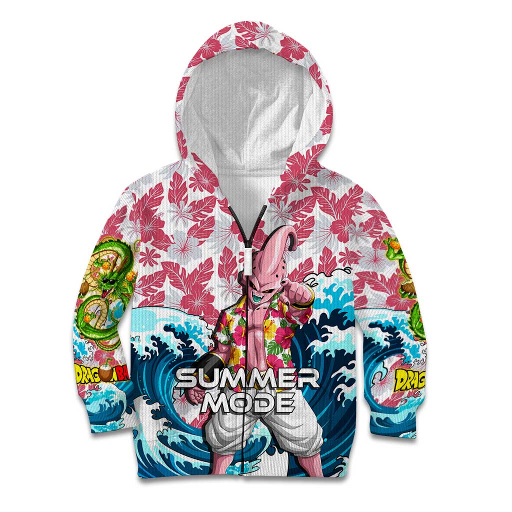 Majin Buu Dragon Ball Summer Theme Kid Hoodie with Floral Shirt Sunglasses Shenron and Ocean Wave Background - The Mazicc