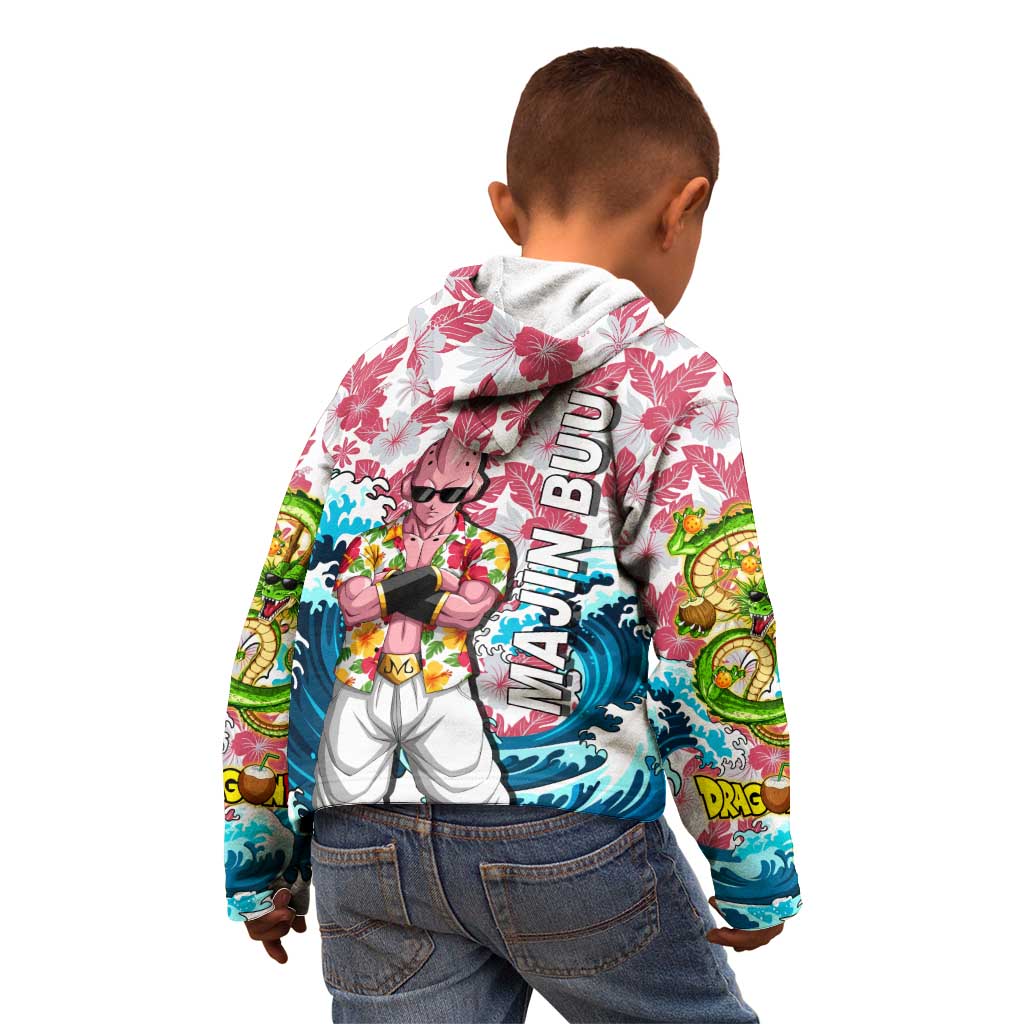 Majin Buu Dragon Ball Summer Theme Kid Hoodie with Floral Shirt Sunglasses Shenron and Ocean Wave Background - The Mazicc