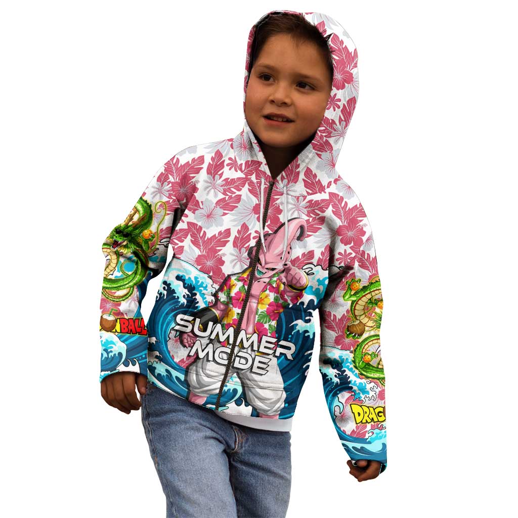 Majin Buu Dragon Ball Summer Theme Kid Hoodie with Floral Shirt Sunglasses Shenron and Ocean Wave Background - The Mazicc