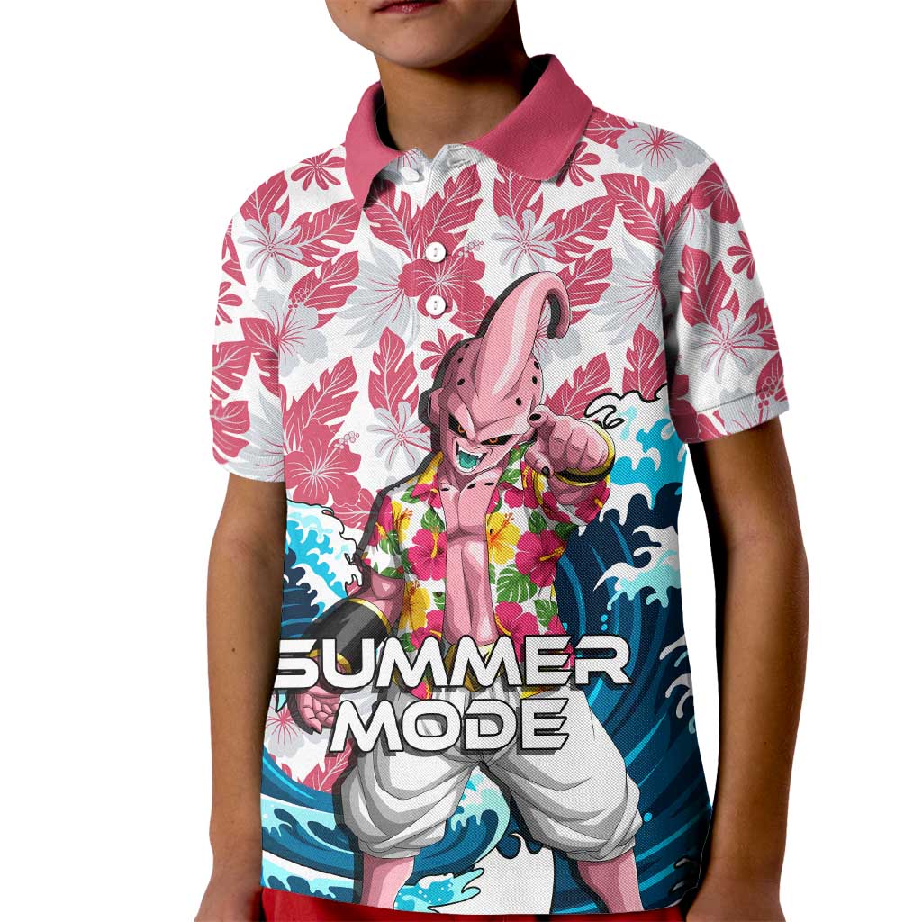 Majin Buu Dragon Ball Summer Theme Kid Polo Shirt with Floral Shirt Sunglasses Shenron and Ocean Wave Background - The Mazicc