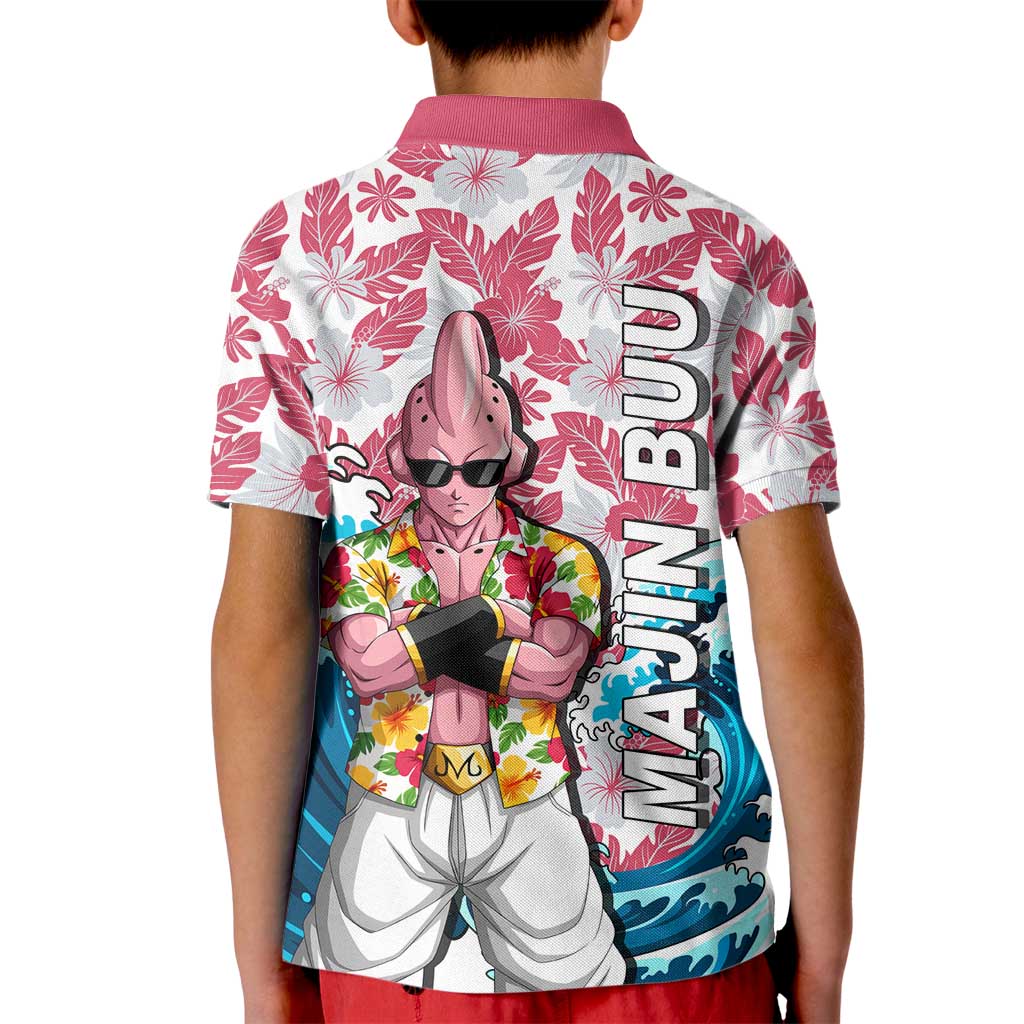 Majin Buu Dragon Ball Summer Theme Kid Polo Shirt with Floral Shirt Sunglasses Shenron and Ocean Wave Background - The Mazicc