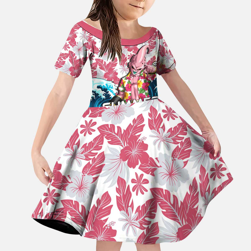 Majin Buu Dragon Ball Summer Theme Kid Short Sleeve Dress with Floral Shirt Sunglasses Shenron and Ocean Wave Background - The Mazicc
