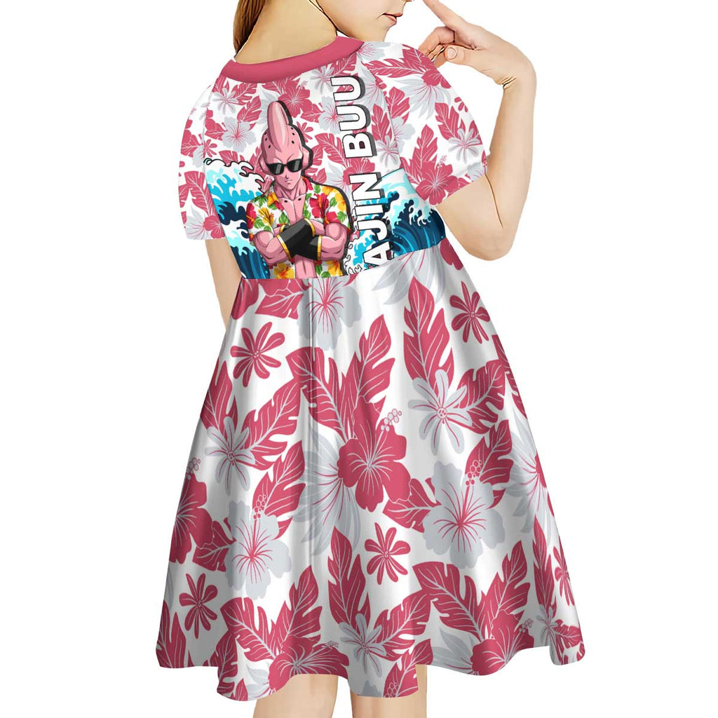 Majin Buu Dragon Ball Summer Theme Kid Short Sleeve Dress with Floral Shirt Sunglasses Shenron and Ocean Wave Background - The Mazicc