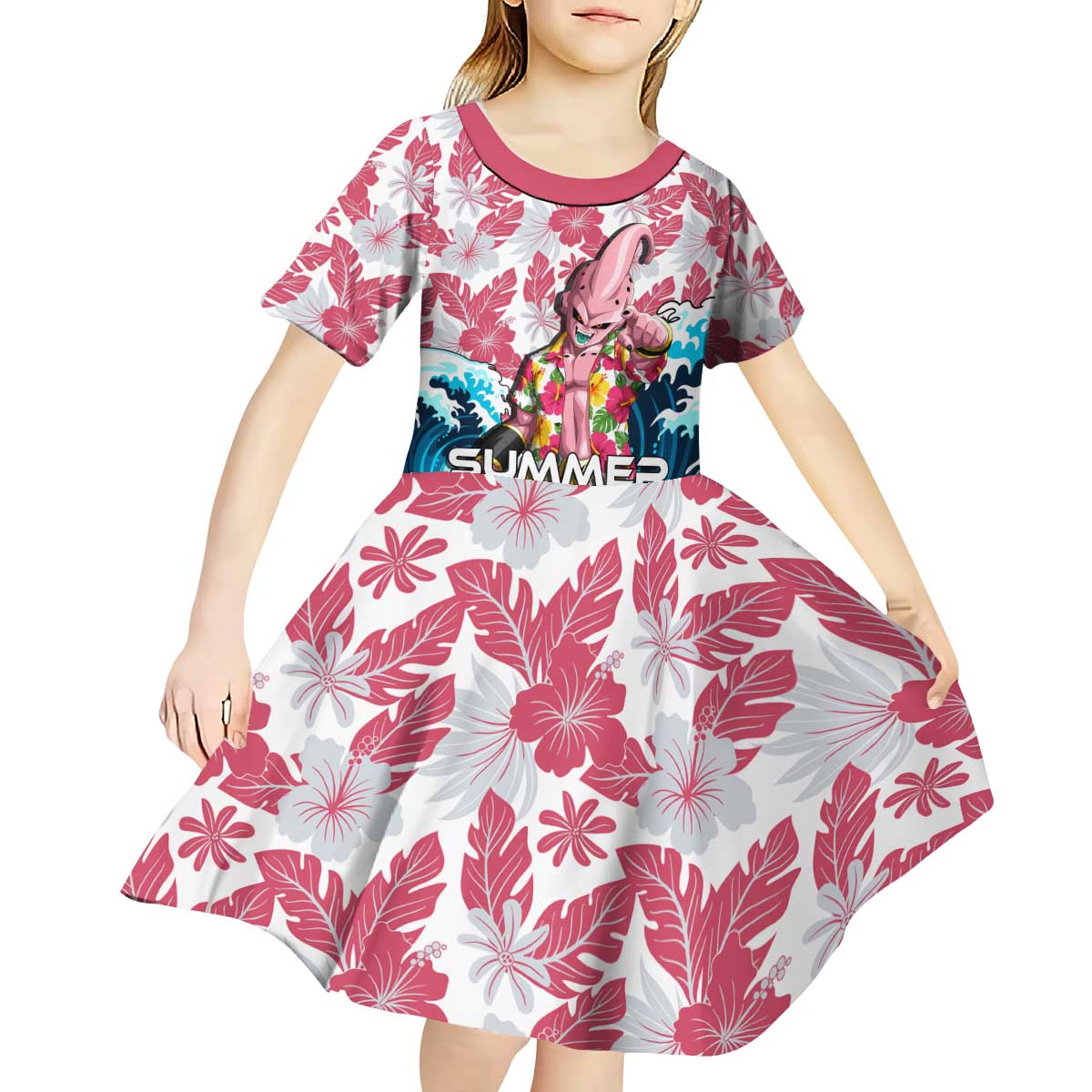 Majin Buu Dragon Ball Summer Theme Kid Short Sleeve Dress with Floral Shirt Sunglasses Shenron and Ocean Wave Background - The Mazicc