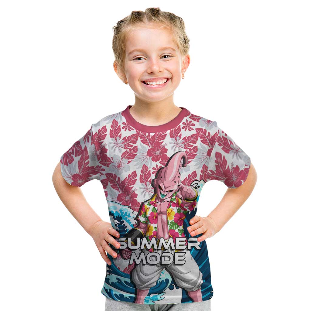 Majin Buu Dragon Ball Summer Theme Kid T Shirt with Floral Shirt Sunglasses Shenron and Ocean Wave Background - The Mazicc